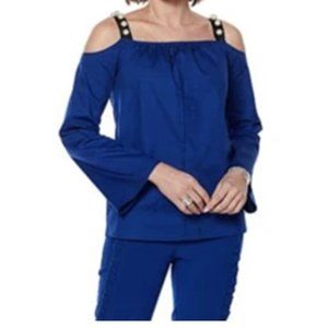 Wendy Williams Poplin Cold Shoulder Top in Cobalt